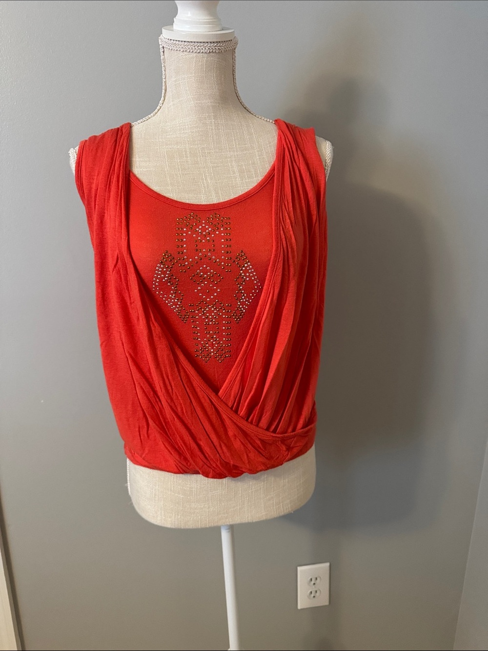 Iz Byer Orange-Red Draped Stud-Front Sleeveless Camisole